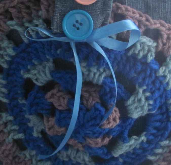 large image of art item: bag &ndash; jeans ribbon crochet disc blue brown buttons