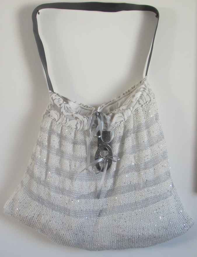 large image of art item: bag &ndash; knitwork white stripes gray buckle silvery shiny