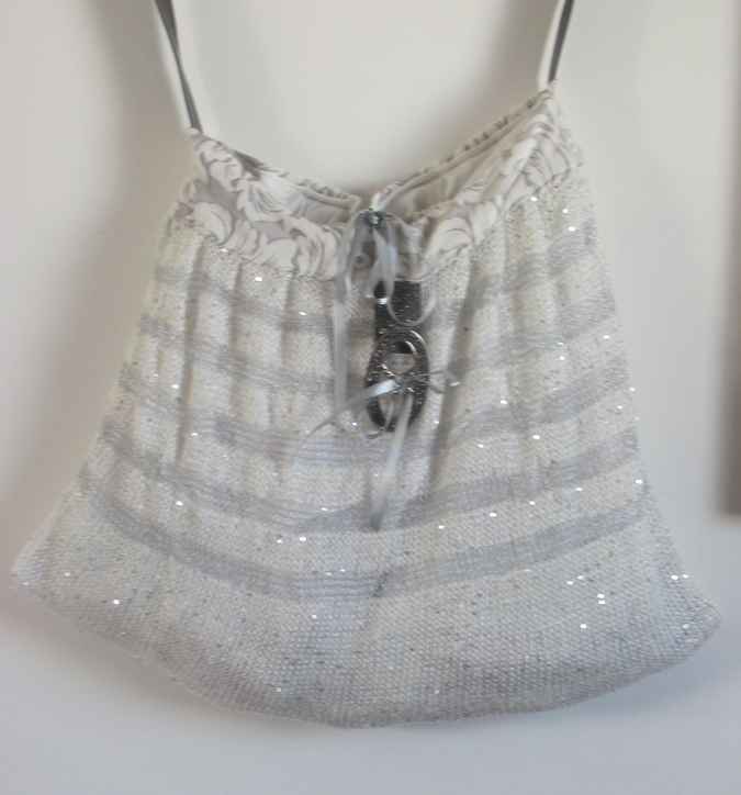 large image of art item: bag &ndash; knitwork white stripes gray buckle silvery shiny