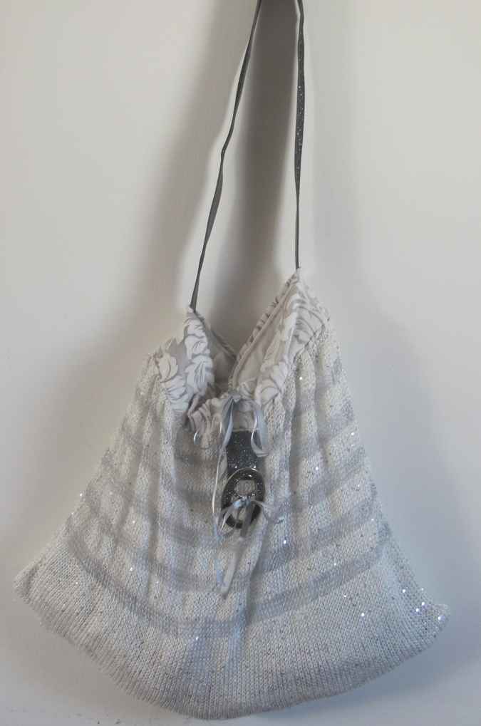 large image of art item: bag &ndash; knitwork white stripes gray buckle silvery shiny
