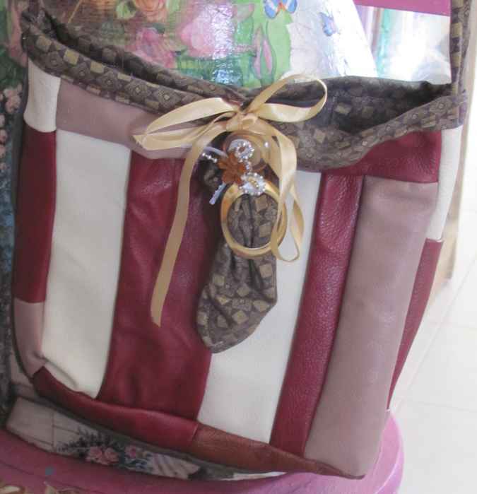 large image of art item: bag &ndash; leathery stripes crimson white ribbon