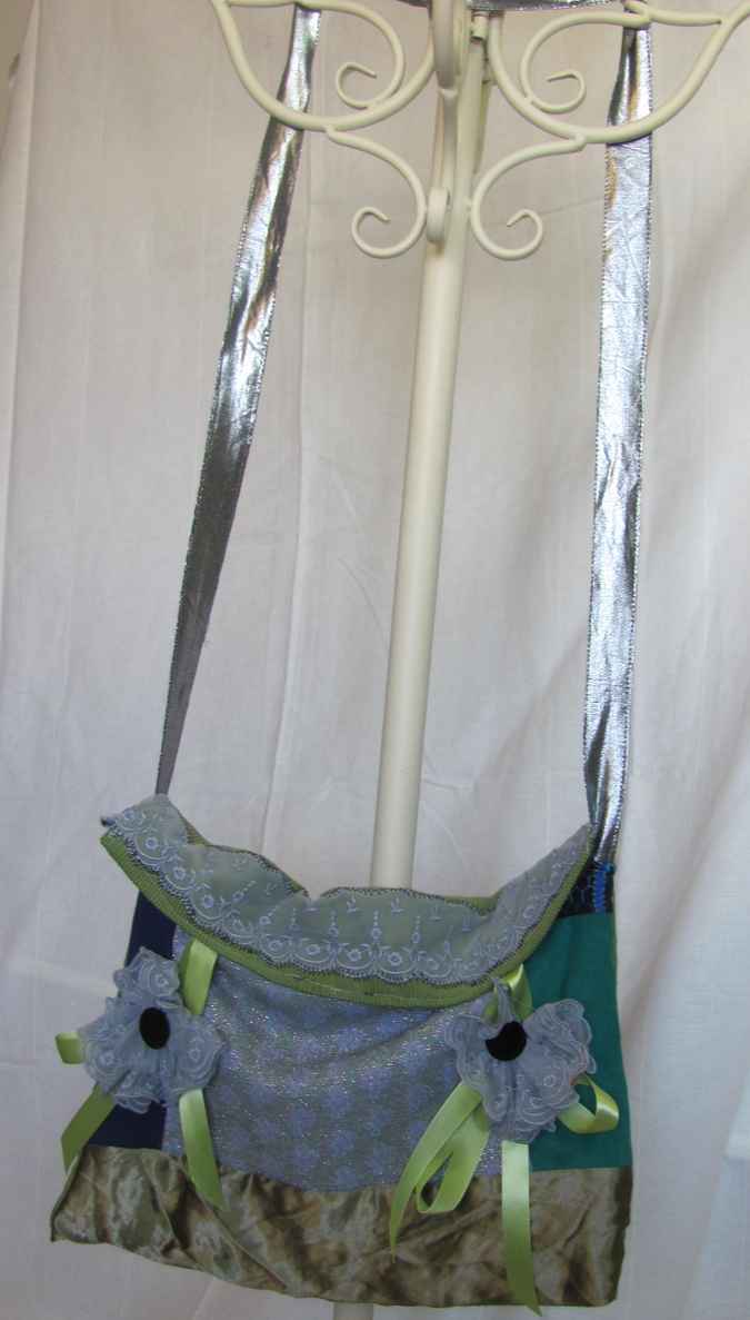 large image of art item: bag &ndash; quiltwork cyan green turquoise brown with geometric motif and flowers