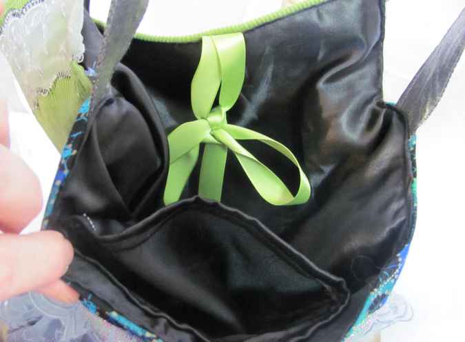 large image of art item: bag &ndash; quiltwork cyan green turquoise brown with geometric motif and flowers