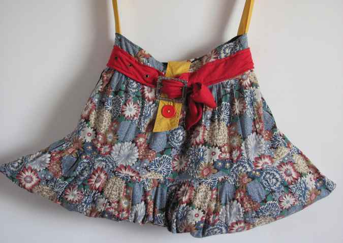 large image of art item: bag &ndash; quiltwork motif flowers with red and yellow belt and buttons