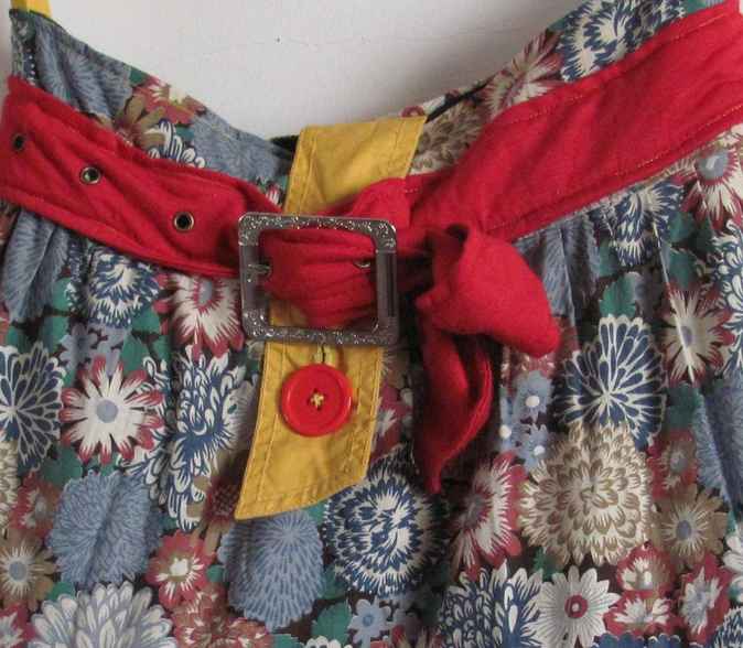 large image of art item: bag &ndash; quiltwork motif flowers with red and yellow belt and buttons