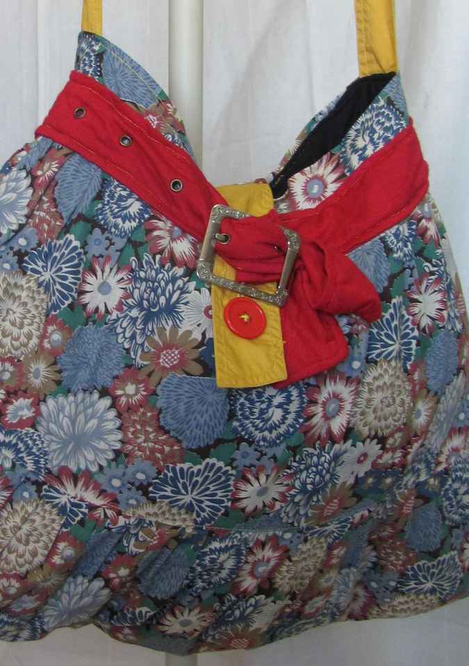 large image of art item: bag &ndash; quiltwork motif flowers with red and yellow belt and buttons
