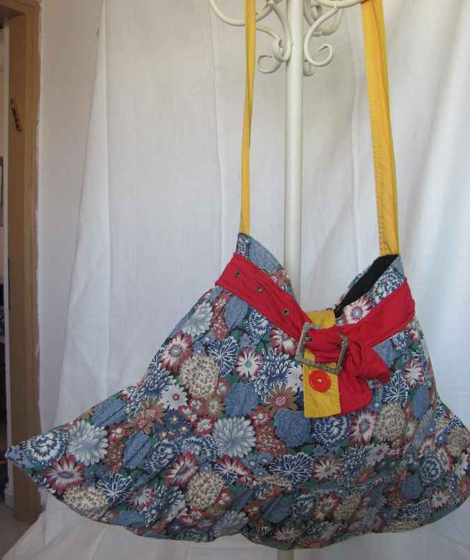 large image of art item: bag &ndash; quiltwork motif flowers with red and yellow belt and buttons