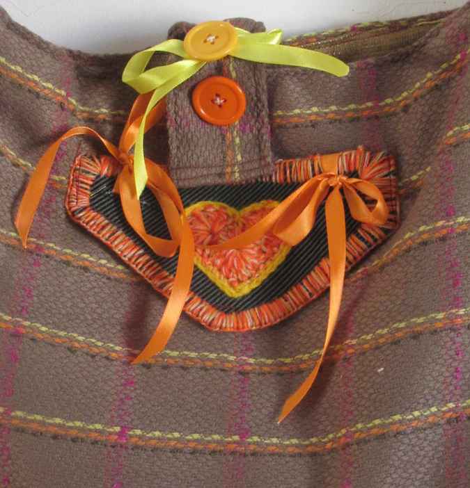 large image of art item: bag &ndash; stripes brown orange button ribbon