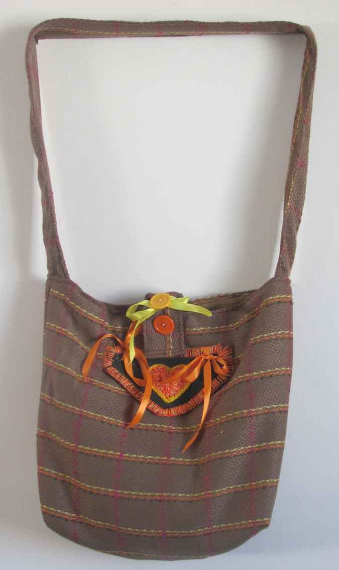 large image of art item: bag &ndash; stripes brown orange button ribbon