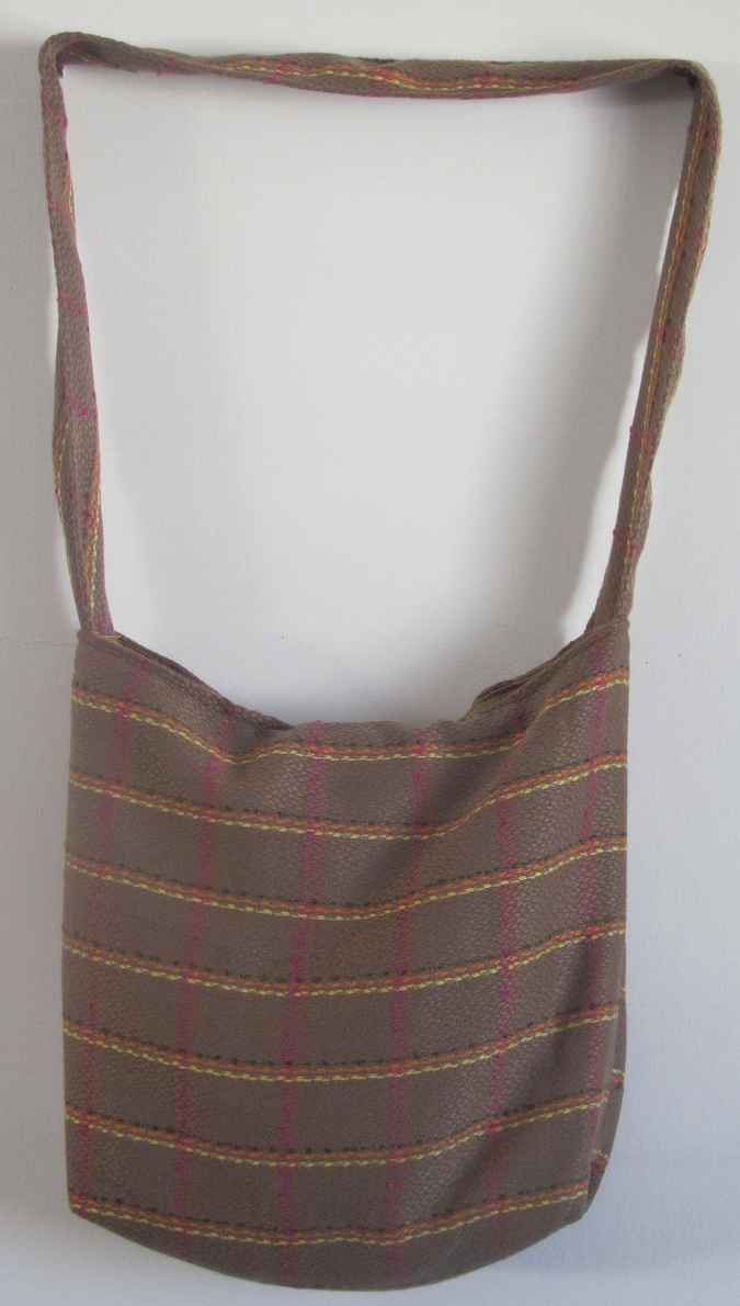 large image of art item: bag &ndash; stripes brown orange button ribbon