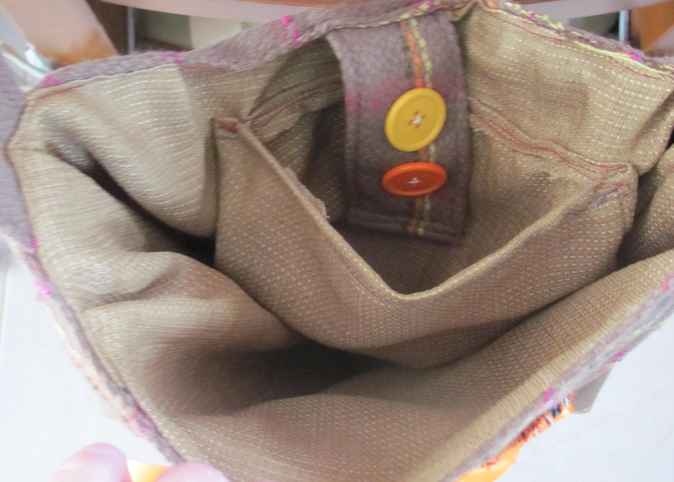 large image of art item: bag &ndash; stripes brown orange button ribbon