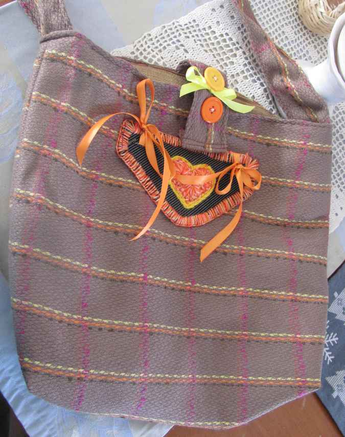 large image of art item: bag &ndash; stripes brown orange button ribbon