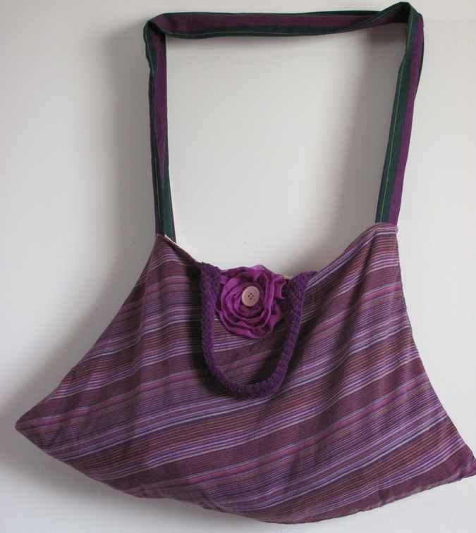 large image of art item: bag &ndash; stripes purple with flower and button