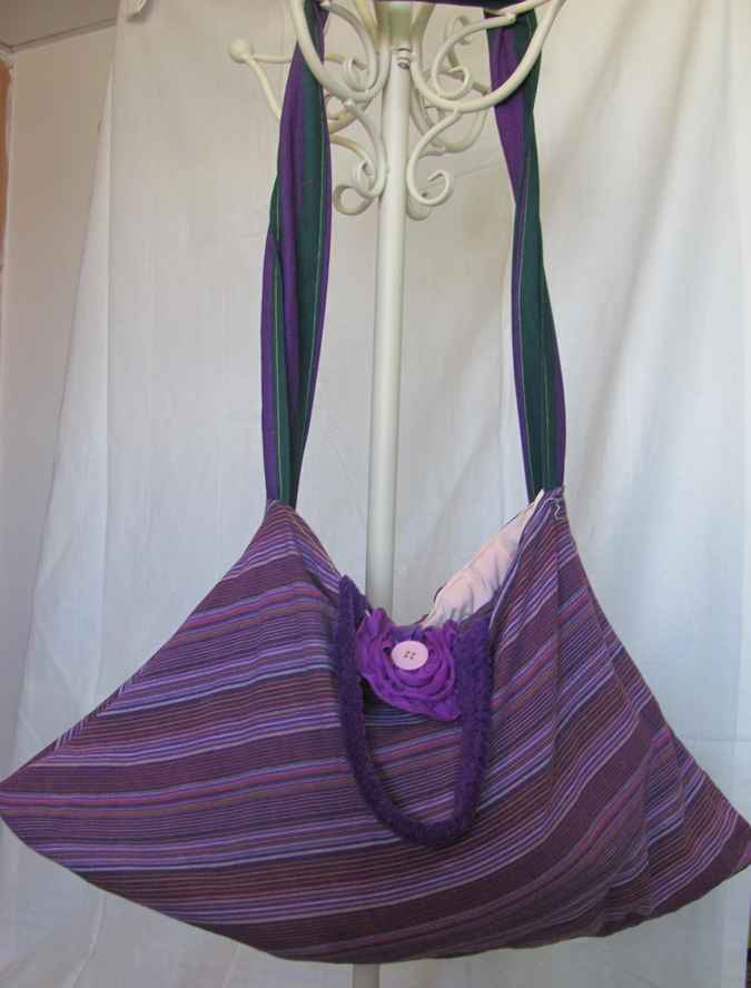 large image of art item: bag &ndash; stripes purple with flower and button