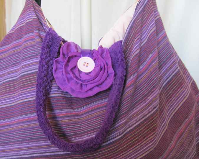 large image of art item: bag &ndash; stripes purple with flower and button