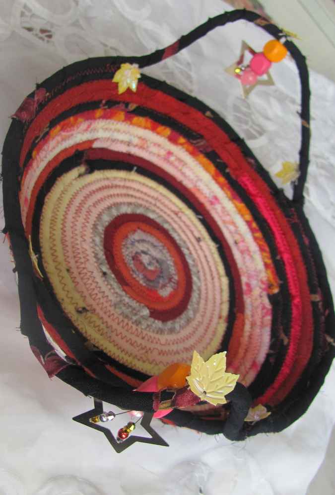 large image of art item: basket &ndash; black red pink with autumn maple leaves