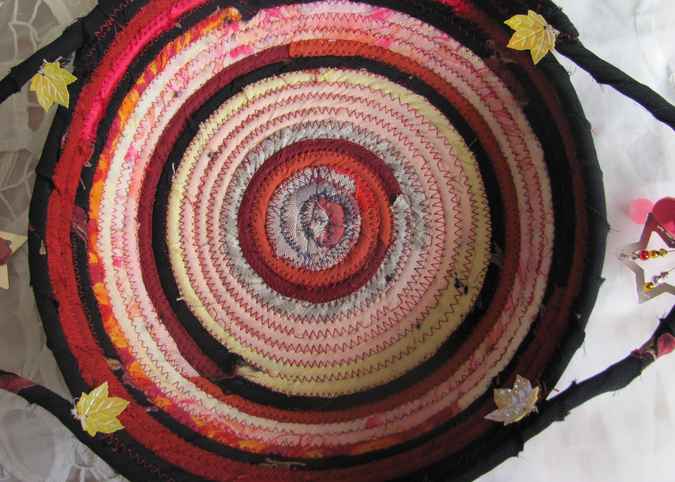 large image of art item: basket &ndash; black red pink with autumn maple leaves