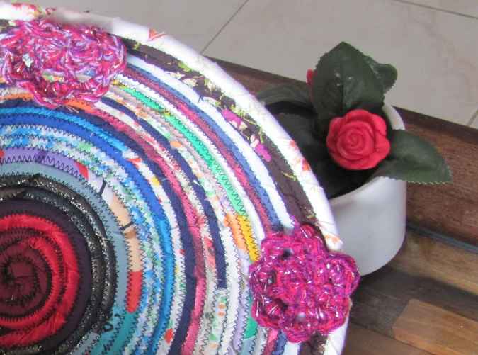 large image of art item: basket &ndash; crochet flowers cyan crimson