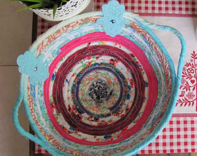 large image of art item: basket &ndash; hamsa cyan pink red