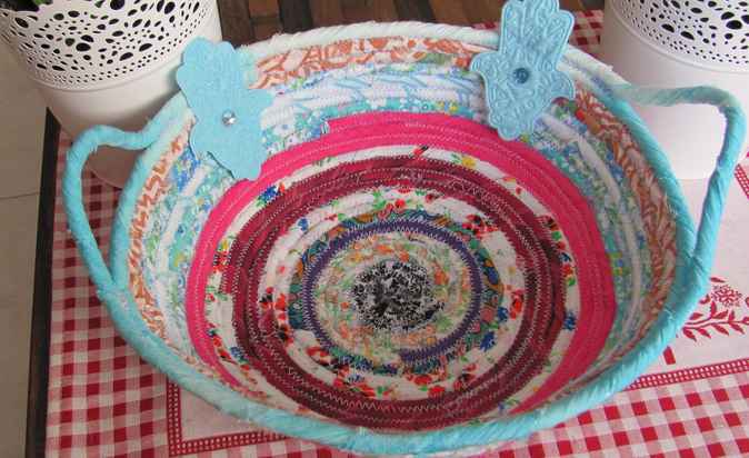 large image of art item: basket &ndash; hamsa cyan pink red