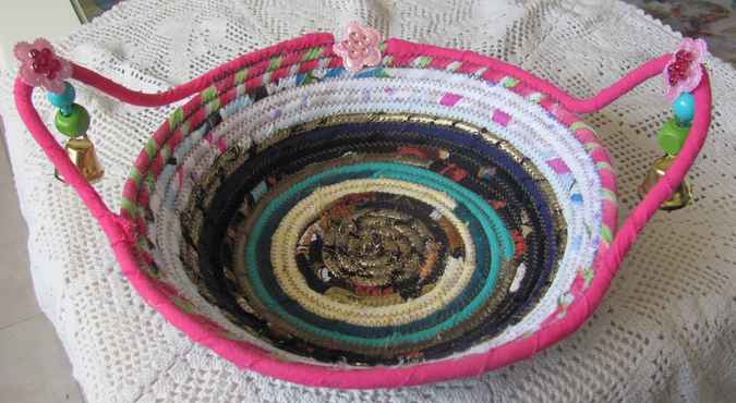 large image of art item: basket &ndash; pink white brown blue with beads and pink flowers