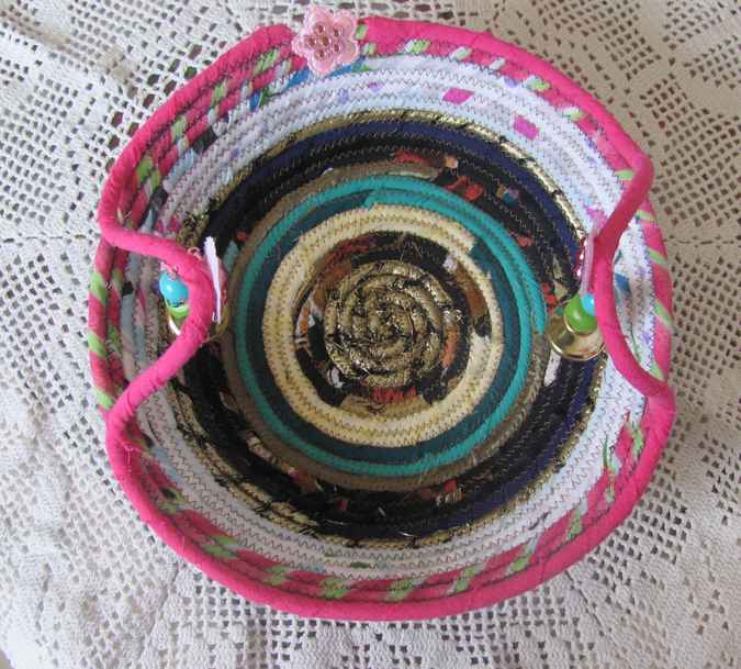 large image of art item: basket &ndash; pink white brown blue with beads and pink flowers