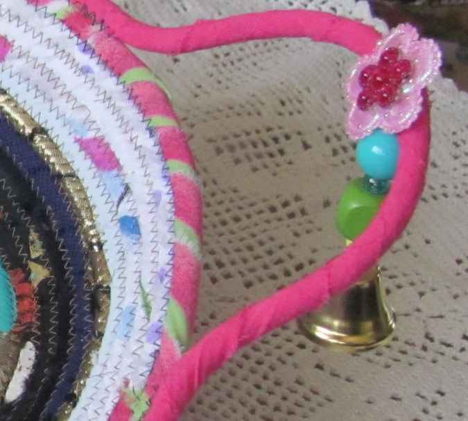 large image of art item: basket &ndash; pink white brown blue with beads and pink flowers