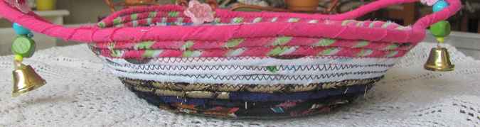 large image of art item: basket &ndash; pink white brown blue with beads and pink flowers