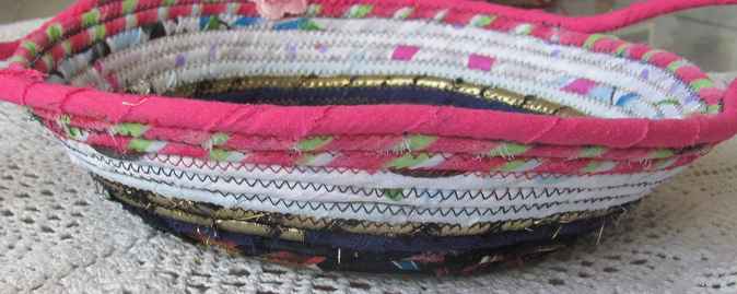 large image of art item: basket &ndash; pink white brown blue with beads and pink flowers