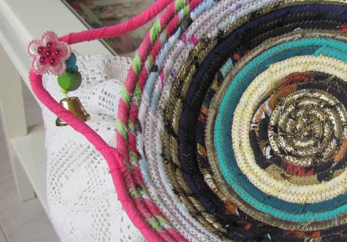 large image of art item: basket &ndash; pink white brown blue with beads and pink flowers