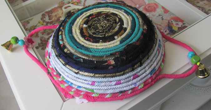 large image of art item: basket &ndash; pink white brown blue with beads and pink flowers