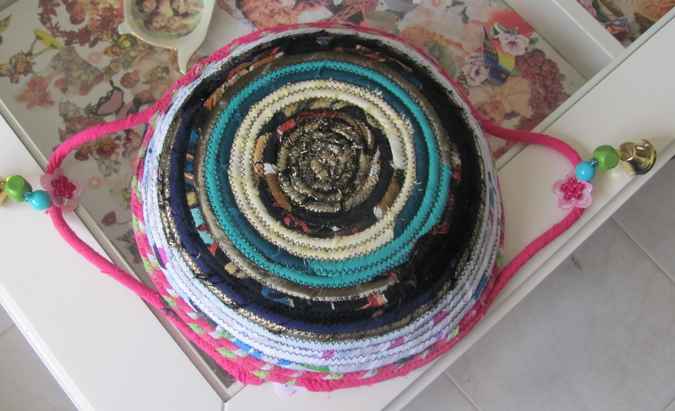 large image of art item: basket &ndash; pink white brown blue with beads and pink flowers