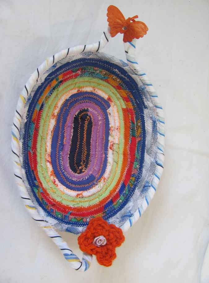large image of art item: basket &ndash; small purple green blue with orange butterfly and flower