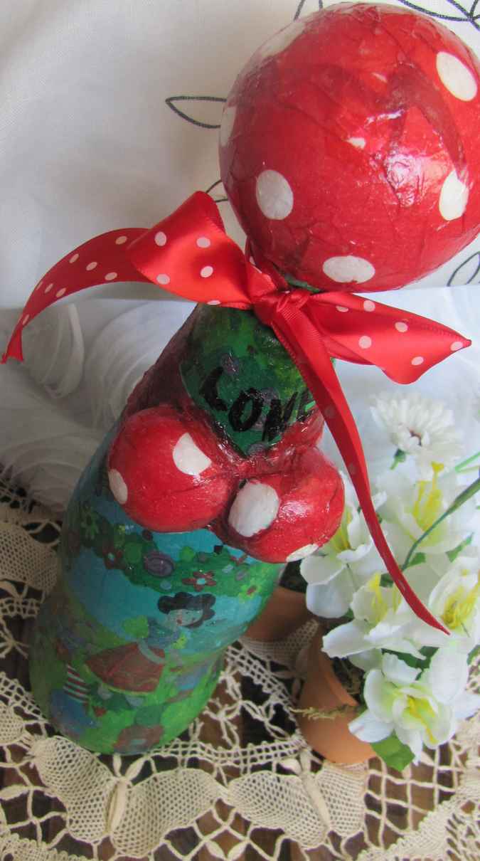 large image of art item: decor &ndash; flask green red white sphere mushroom