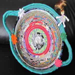 quilted coiled rope basket, with flowers and a fairy